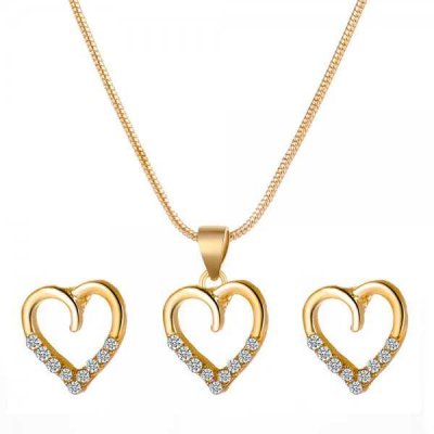 Love Necklace Earrings Set Simple Metal Zircon Peach Heart Sweater Chain