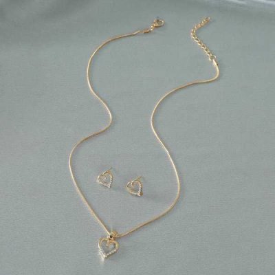 Love Necklace Earrings Set Simple Metal Zircon Peach Heart Sweater Chain