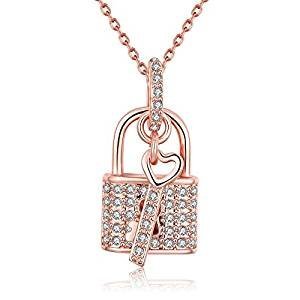 'Love Open My Heart' lock and key plated stainless steel crystal necklace