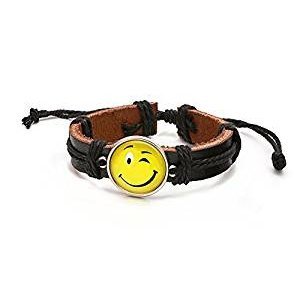 Adjustable wink emoticon leather bracelet, black