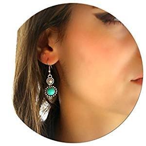 Elegant retro small unique antique silver turquoise stone statement vintage earrings