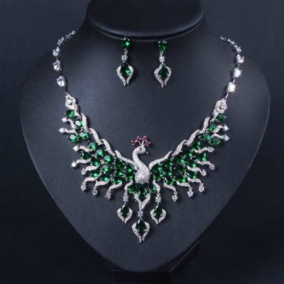 Ethnic Style Zircon Peacock Earring Set Tassel Colorful Clavicle Necklace Jewelry Set